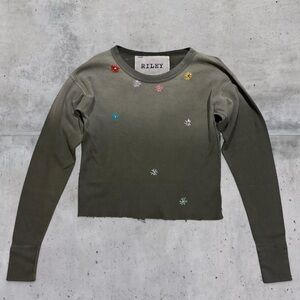 $165 Riley 1880 Vintage Thermal Dip Dye Shirt Raw Edge Hem Flower Embroidery